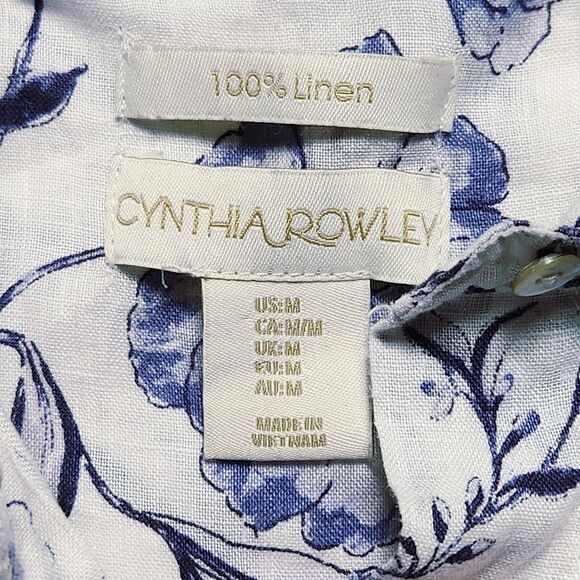 Cynthia Rowley Womens Medium 100% Linen Flora Button Shirt White Blue - Picture 3 of 8